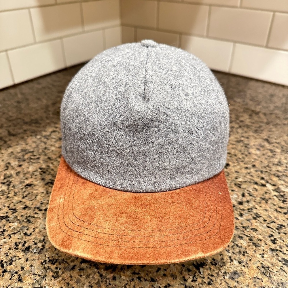 Vtg Wool Blend Baseball Cap Leather Strap Back Adjustable Gray Made in USA